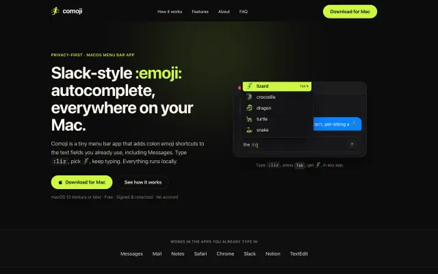 Comoji, Slack-style emoji autocomplete macOS menu bar app