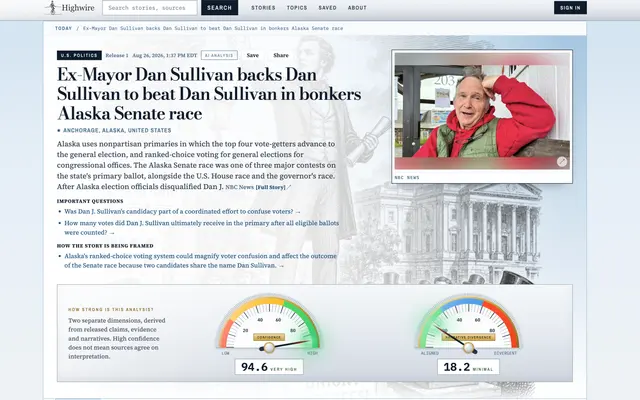 Highwire, a news analysis story page showing confidence and divergence scores across sources