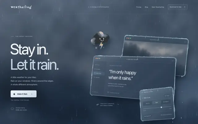 Weatherling, macOS menu bar app with rain beading on the edges of desktop windows